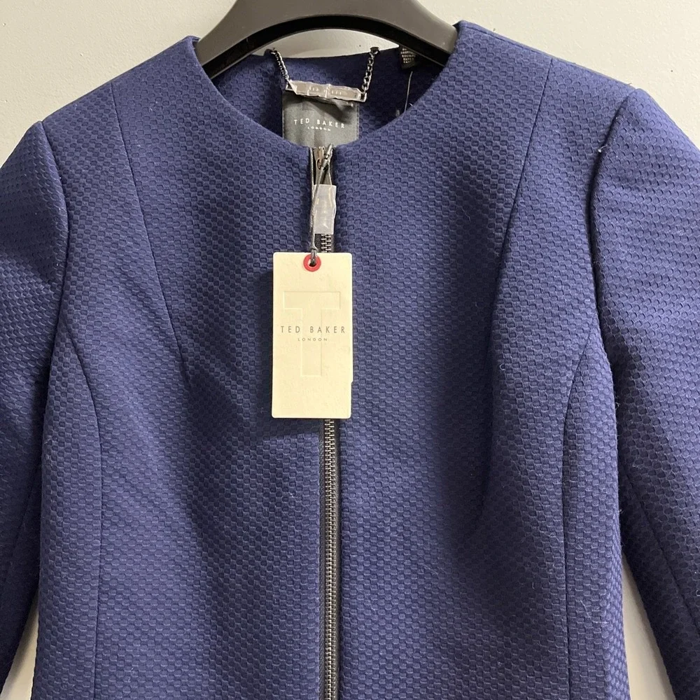 Ted Baker Blazer Navy Blue Cropped Textured Jacket Womens 0 Office Career Staple